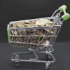 Ein Miniatur-Einkaufswagen mit grünen Griffen gefüllt mit Münzen
